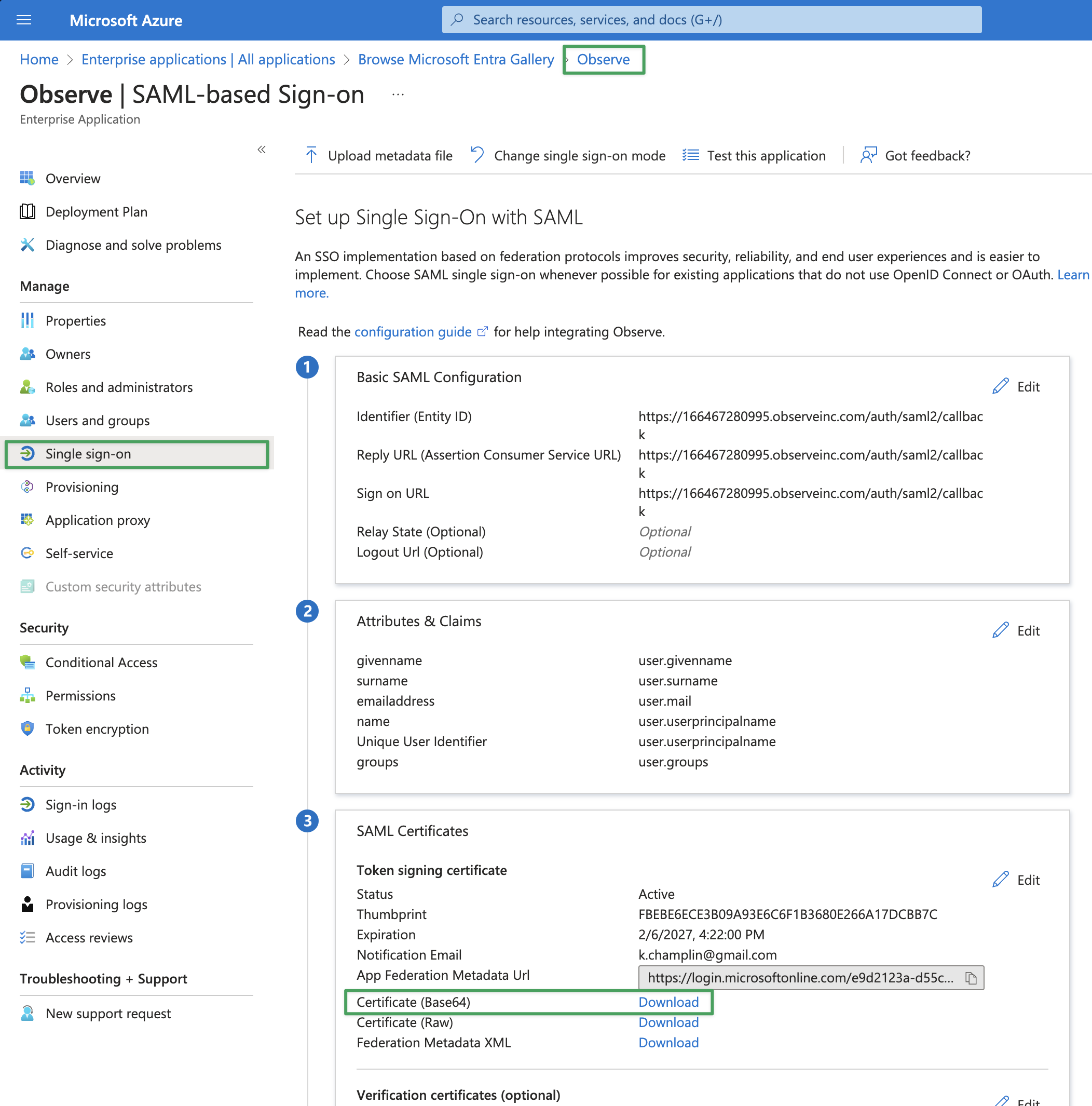 Observe SAML settings