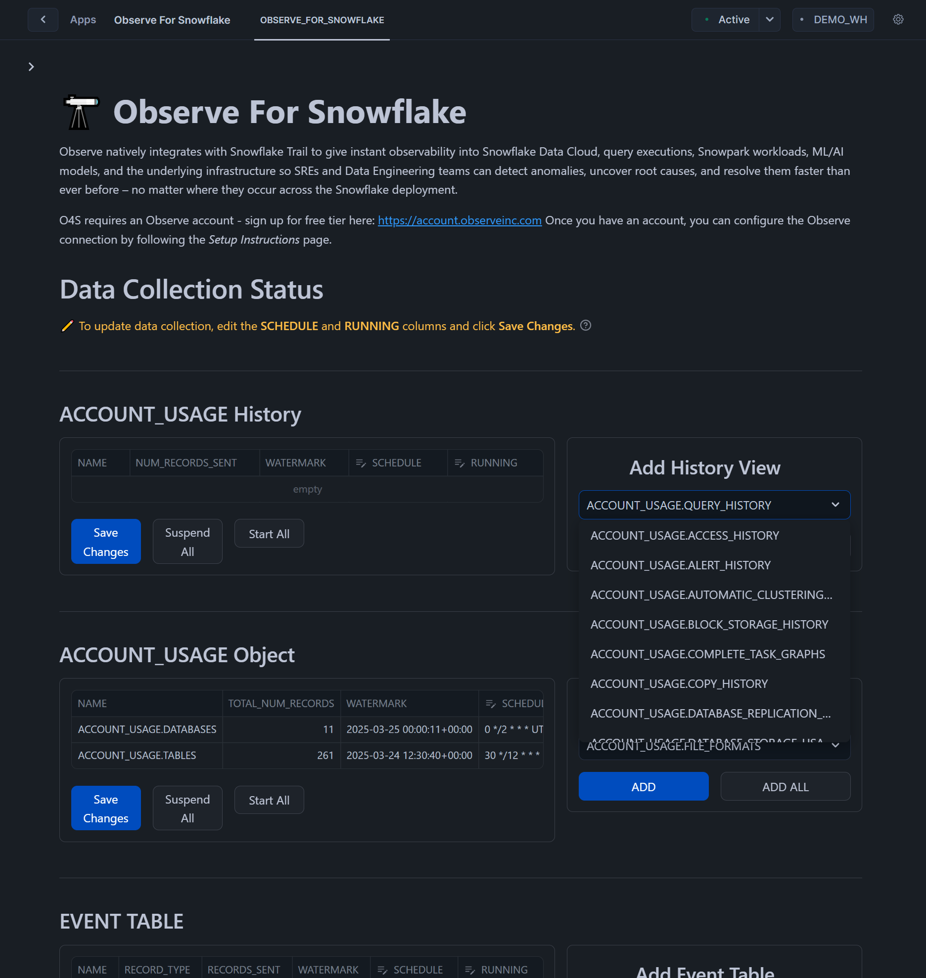 Observe For Snowflake - Add History View