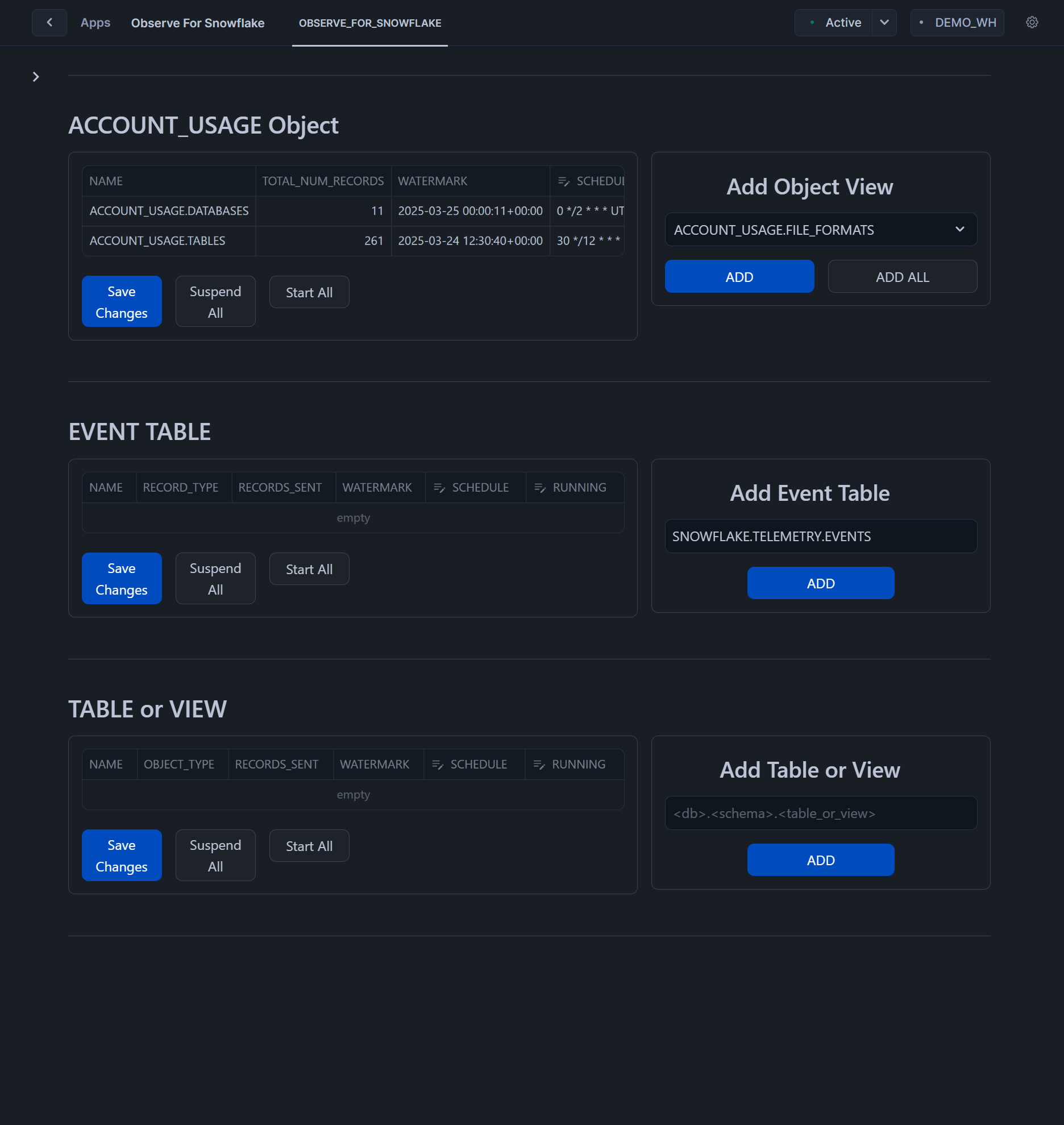 Observe For Snowflake - Add Event Table