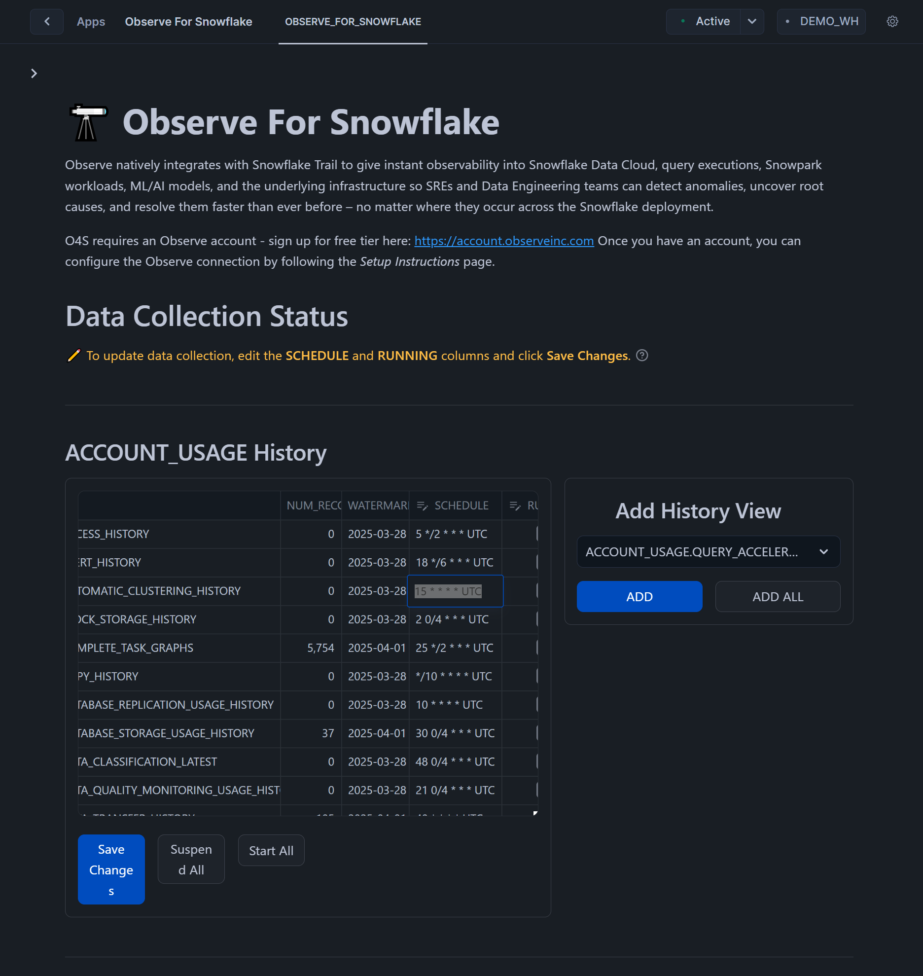Observe For Snowflake - Adjust Send Schedule
